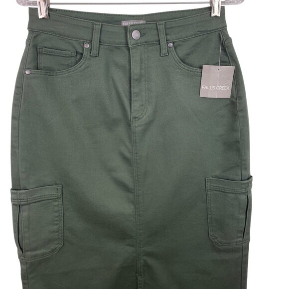 Falls Creek Women's Size 6 Green Denim Jean Midi Skirt Front Slit - Picture 2 of 8